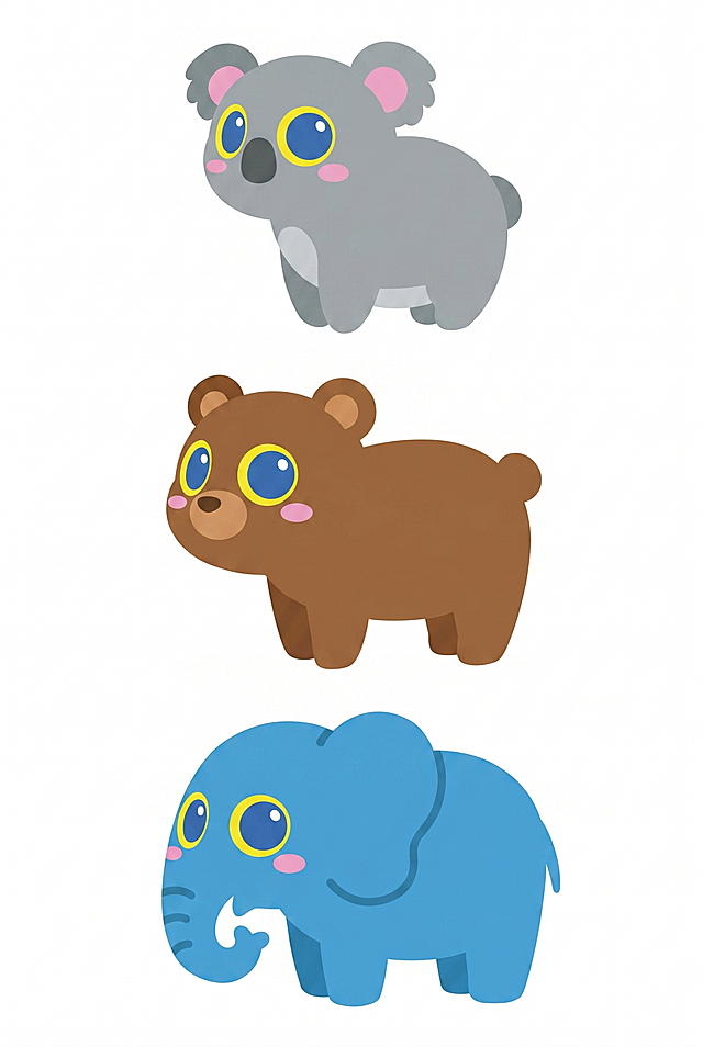 参考原图的简约卡通插画风格和构图，分别生成侧面视角的考拉、熊、大象，保持相同的扁平纯色块设计，简单可爱，大面积主体留白背景为纯白色，保留大眼睛腮红的元素特征