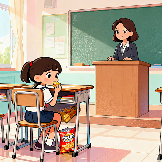 Modern flat animation style, bright soft pastel tones, a bit of noise texture, cute cartoon elementary school students, bright clean cartoon classroom, medium shot, clean lines, high detail, no complex background, no text. A little girl secretly eats snacks under the desk, while the female teacher is watching from the podium
