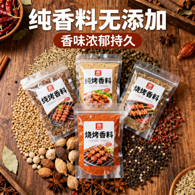 淘宝电商1:1主图，烧烤香料组合卖点宣传，重点突出"纯香料无添加"，"香味浓郁持久"，背景使用暖棕色木质桌面，五袋香料产品摆放在天然香料籽中间，风格自然质朴，清晰美观适合天猫展示预览效果