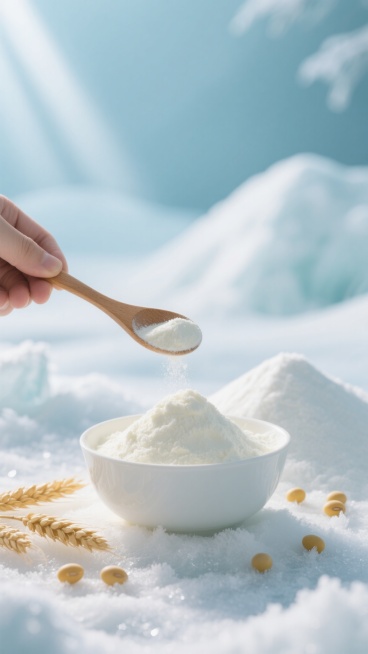 高清食品摄影风格，温暖柔和的光线从画面左上方斜射而下，营造出细腻的高光与浅淡阴影，手持木质小勺子正将细腻的白色奶粉缓缓撒入下方白色陶瓷碗中，碗内堆满蓬松的奶粉，周围是如小山般起伏的奶粉堆，散落着几颗完整的黄色大豆和几支金黄的小麦麦穗，整体画面改为纯净的冰雪世界环境，以冰蓝色为主色调，搭配白色和淡青色，背景为朦胧的冰雪场景，地面覆盖着晶莹的冰霜，光线带有清冷的蓝色调，突出奶粉的细腻质感与纯净，画……预览效果