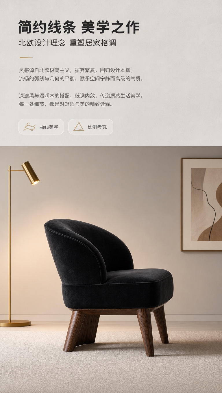 [商品] 使用【图1】黑色绒布单人休闲椅；保留弧形靠背轮廓、坐… - 图片创意预览