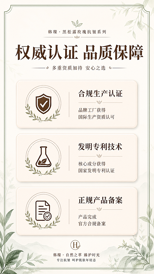 [第7屏] 资质信任展示屏，韩璨黑松露玫瑰抗皱系列资质认证展示。
[氛围/风格] 专业可信，干净简约，严谨排版，森系自然浅绿装饰边框，符合美妆护肤品牌调性。
[元素布局] 顶部大标题，下方分区域展示品牌资质信息，用简约森系图标搭配文字说明，背景为浅米色搭配柔和绿植纹理，整体透气不拥挤。使用图标卡片式布局替代完整证书扫描，保留专业可信感同时符合规范。
[光影质感] 均匀柔和平铺光，卡片保留浅阴影增加层次感，整体干净通透。
[配色色系] 全局底色：#F8F2EB（米白），卡片背景：浅香槟粉，图标轮廓：深棕色，文字：深棕色，整体和整套色调保持统一。
[视角构图] 9:16竖版，从上到下排列，符合移动端浏览逻辑，信息层级清晰。
[文字版式] 顶部大标题「权威认证 品质保障」深棕色加粗居中，下方分三个信息卡片：
1. 「合规生产认证」品牌工厂获得国际生产资质认可
2. 「发明专利技术」核心成分获得国家发明专利认证
3. 「正规产品备案」产品完成官方合规备案
每个卡片用森系叶子圆形图标搭配文字，标题加粗信息清晰，间距合适排版干净。
[比例分辨率] 9:16竖版比例，4K分辨率，文字清晰可辨。
[负向提示词] 违规内容，排版拥挤，文字模糊，颜色突兀，背景杂乱，夸大宣传。