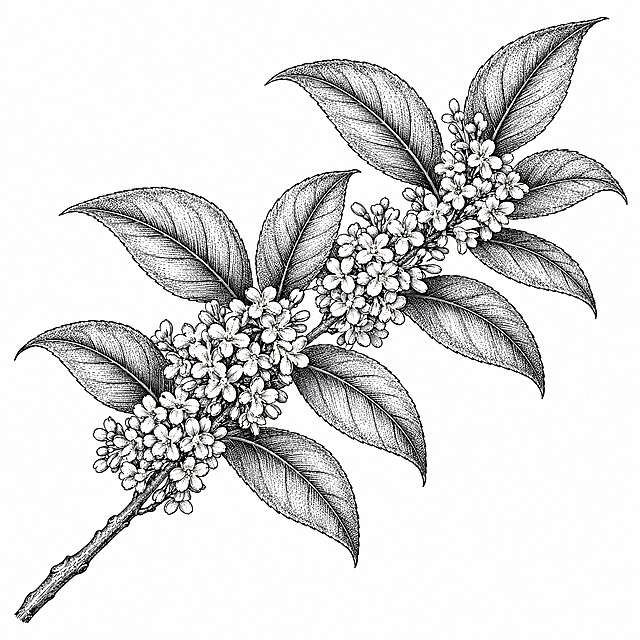 参考图中包装上的黑白铜版画/古典植物雕版线描风格，重新绘制一幅【桂花】的简笔画：一根桂花枝自左下向右上斜伸，枝上叶对生、宽叶尖长，叶腑间綴满成簇的小花，枝条纹理与叶脉用细密雕版排线刻画，线条清晰干净，纯白背景，黑白色调，无任何文字