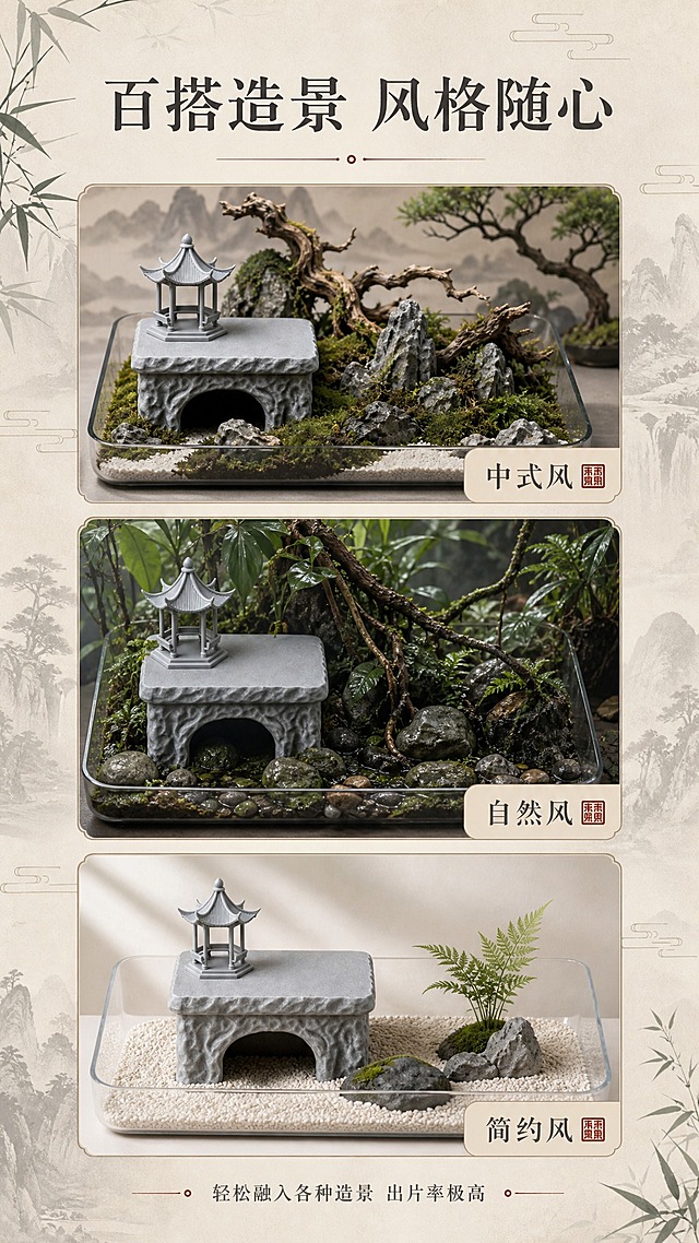 [商品] 使用【图2】青灰烟岚亭产品；保留六角亭台、岩石晒台、下层躲避洞穴的完整结构，青灰色磨砂岩石质感不变；亭子位于晒台左上角。
[画面] 造景风格合集页，目标展示百搭所有造景风格；三宫格竖排构图，每格展示一种造景风格；上格是中式风造景，产品放置在有假山、苔藓、枯木的中式园林造景缸中；中格是自然风造景，产品放置在有绿植、藤蔓、石块的热带雨林风格造景缸中；下格是简约风造景，产品放置在简洁干净的垫材+少量装饰的简约缸中；三格之间有细墨线分隔，每格右下角有风格名称印章；背景为浅米色宣纸质感，整体整齐有序。
[视觉] 套系策略：风格=新中式东方美学高级商业摄影；标题字=宋体衬线粗体；正文字=简洁细黑体；主色=米白暖灰；背景延展=基于米白暖灰做宣纸纹理、淡墨山水、竹叶剪影、云纹装饰的深浅层级；强调色=赭石红（印章、点缀线）、墨绿（竹叶、青苔）；标题色=深炭灰；正文色=中灰色；组件=圆角浅米色卡片、细墨线引线、篆刻印章；光影=每格内光影符合各自造景风格，整体统一柔和。
[文字] 画面顶部主标题「百搭造景 风格随心」，宋体大字；三格右下角分别标注「中式风」「自然风」「简约风」，配小印章；底部小字「轻松融入各种造景 出片率极高」；文字横排，不遮挡造景主体。
[规格] 图片比例9:16竖版，2K分辨率；负向：禁止变形、错字、模糊、杂乱、水印、平台Logo、廉价塑料感、卡通风格、绝对化用语。