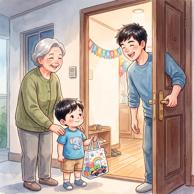 参照原图水彩漫画风格和人物，修正爸爸的手穿门问题，修改为爸爸正常开门的姿势：一只手握住门把手开门，身体在门内，手臂不穿门，保持整体画面构图和所有其他人物、物品不变预览效果