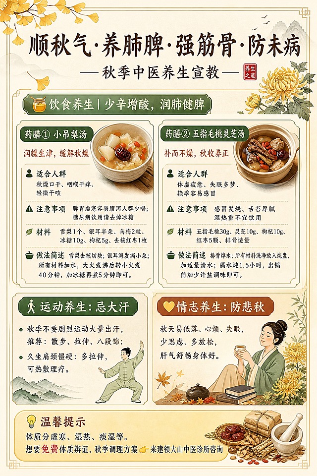 国风新中式风格的A4竖版秋季中医养生科普传单正面，暖米黄底色配草木绿和赭石色点缀，温润雅致的中医养生氛围。顶部大标题区：主标题"顺秋气·养肺脾·强筋骨·防未病"，副标题"——秋季中医养生宣教——"，字体为书法感宋体，深棕色。下方分四大板块：第一板块饮食养生，标题"🍯饮食养生｜少辛增酸，润肺健脾"，内含两款药膳卡片：药膳①小吊梨汤，内容包括"润燥生津，缓解秋燥"、适合人群"秋燥口干、咽喉干痒、轻微干咳"、注意事项"脾胃虚寒容易腹泻人群少喝；糖尿病饮用请去掉冰糖"、材料"雪梨1个、银耳半朵、乌梅2粒、冰糖10g、枸杞5g、去核红枣1枚"、做法简述；药膳②五指毛桃灵芝汤，内容包括"补而不燥，秋收养正"、适合人群"体虚疲惫、失眠多梦、换季容易感冒"、注意事项"感冒发烧、舌苔厚腻湿热重不宜饮用"、材料"五指毛桃30g、灵芝10g、枸杞10g、红枣5颗、排骨适量"、做法简述。第二板块运动养生，标题"🚶运动养生：忌大汗"，内容"秋季不要剧烈运动大量出汗，推荐：散步、拉伸、八段锦；久坐肩颈僵硬：多拉伸，可热敷理疗"。第三板块情志养生，标题"💛情志养生：防悲秋"，内容"秋天易低落、心烦、失眠，少思虑、多放松，肝气舒畅身体好"。底部温馨提示区：浅黄色圆角卡片，标题"💡温馨提示"，内容"体质分虚寒、湿热、痰湿等。想要免费体质辨证、秋季调理方案👉来建领大山中医诊所咨询"。整体版式精美，信息分区清晰，配有银杏叶、菊花、中药材等国风装饰元素，四角留白安全边距，文字清晰可读。画面中所有信息区域、卡片、列表必须填充完整合理的内容，不得出现空白框或占位。画面中所有数字必须精确渲染，不得错位、遗漏或编造。