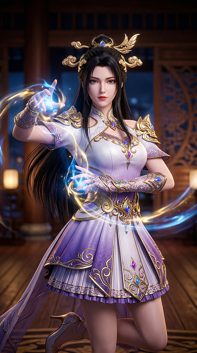 杰作，最佳质量，1名28岁女孩，美丽的中国风脸庞，半身肖像，来自《斗罗大陆2》，游戏动漫女孩，长发，施法动画，战斗动画，佩戴金色发饰，穿着精美的白色和紫色渐变裙，带有金色盔甲般装饰，复杂的金色图案，宝石点缀，短袖，褶裙，精致手套，电影感光影，背景为古风室内场景，夜晚，简约背景，散景效果，正面视角，高跟玻璃鞋，3D渲染，真实光影，超高细节，电影感，色彩鲜艳