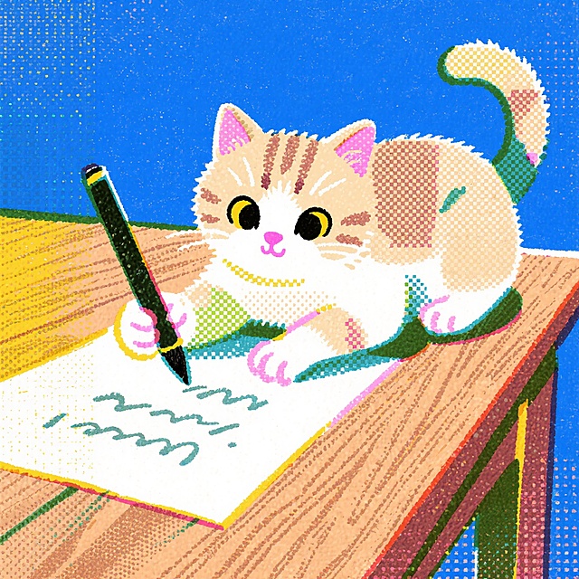 卡通猫咪拟人化书写，插画风设计，噪点效果增添可爱感。