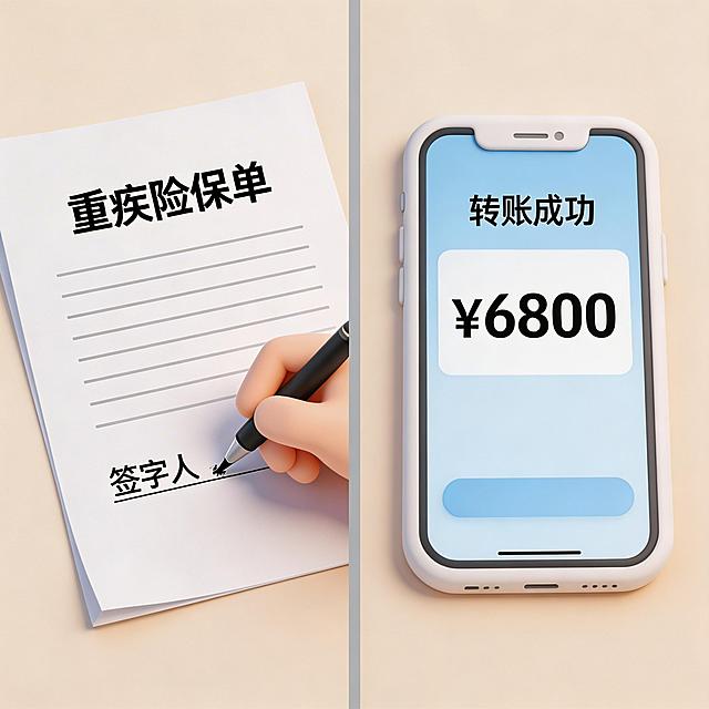 整体分为左右两个画面，左侧是手部特写，陈默正在重疾险保单合同上签字，合同上清晰显示文字"重疾险保单"，合同右下角显示文字"签字人"；右侧是手机屏幕显示转账成功，转账金额为6800元，整体保持Q版3D风格，画面清晰自然