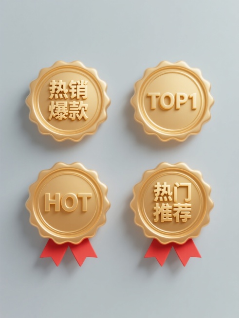 3D立体风格设计，纯色浅灰色背景，四个金色徽章规整排布，每个徽章均为波浪形边缘圆形主体，表面有精致的金属光泽和细腻的光影过渡，底部配有红色三角形丝带；从左到右、从上到下第一个徽章中心为凸起的“热销爆款”立体金色文字，第二个为“TOP1”立体金色文字，第三个为“HOT”立体金色文字，第四个为“热门推荐”立体金色文字，整体保持统一的奢华质感与和谐的视觉层次，营造出高端促销的氛围。预览效果