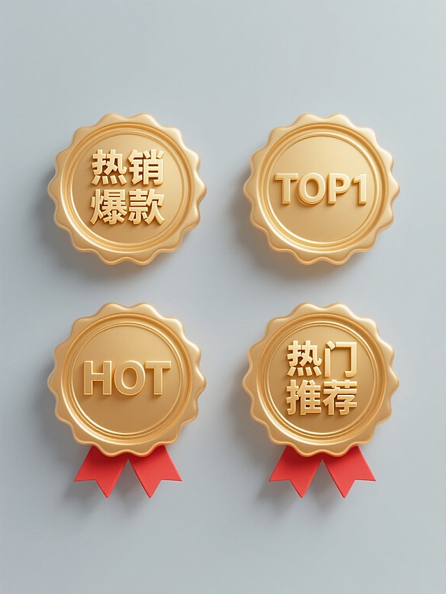 3D立体风格设计，纯色浅灰色背景，四个金色徽章规整排布，每个徽章均为波浪形边缘圆形主体，表面有精致的金属光泽和细腻的光影过渡，底部配有红色三角形丝带；从左到右、从上到下第一个徽章中心为凸起的“热销爆款”立体金色文字，第二个为“TOP1”立体金色文字，第三个为“HOT”立体金色文字，第四个为“热门推荐”立体金色文字，整体保持统一的奢华质感与和谐的视觉层次，营造出高端促销的氛围。