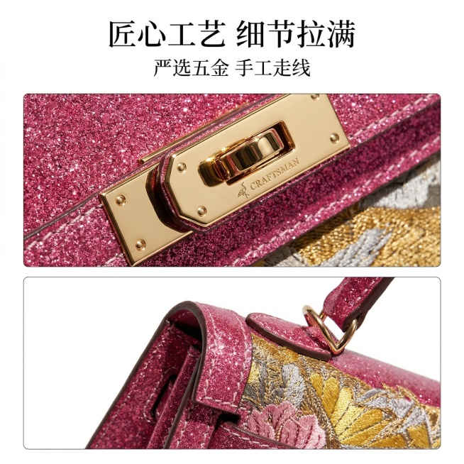1:1竖版电商主图，商业级微距细节摄影，严格还原玫红色闪钻国风刺绣凯莉包的五金与走线细节，保持产品整体特征，8K超清，极致锐利，专业影棚布光，纯白色背景(Hex #FFFFFF)，无阴影。分两格排版，预览效果