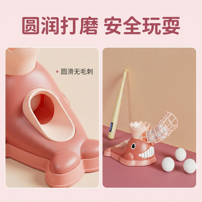 图片主图主题：儿童棒球玩具产品细节展示。氛围风格：统一童趣IP风，柔和清晰质感。画面元素：左侧放大展示鲸鱼弹射器发球口的圆润细节和塑料材质质感，右侧展示搭配好的球棒和棒球整体，拼图形式呈现，左侧细节占预览效果