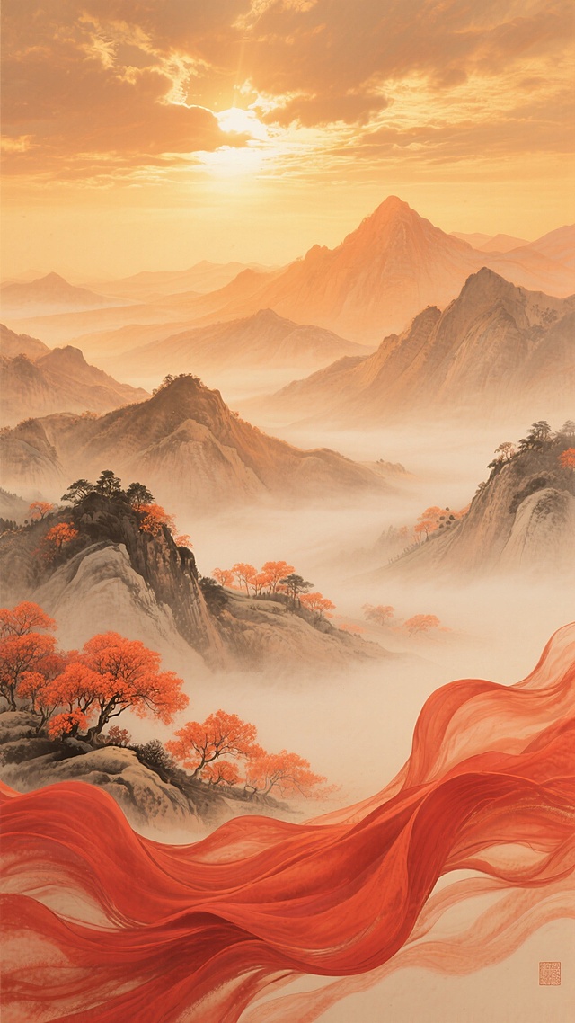 中国传统水墨风格的山水画，以橙红色和金黄色为主色调，柔和的晨光从云层中透出，照亮连绵起伏的远山，山间弥漫着淡淡的薄雾，近处是随风飘逸的红色绸缎，如波浪般起伏，山脚下点缀着橙红色的树木，整体画面呈现出温暖、壮丽而富有诗意的氛围，构图开阔，意境悠远，笔触细腻，色彩过渡自然，具有浓厚的中国传统艺术韵味。