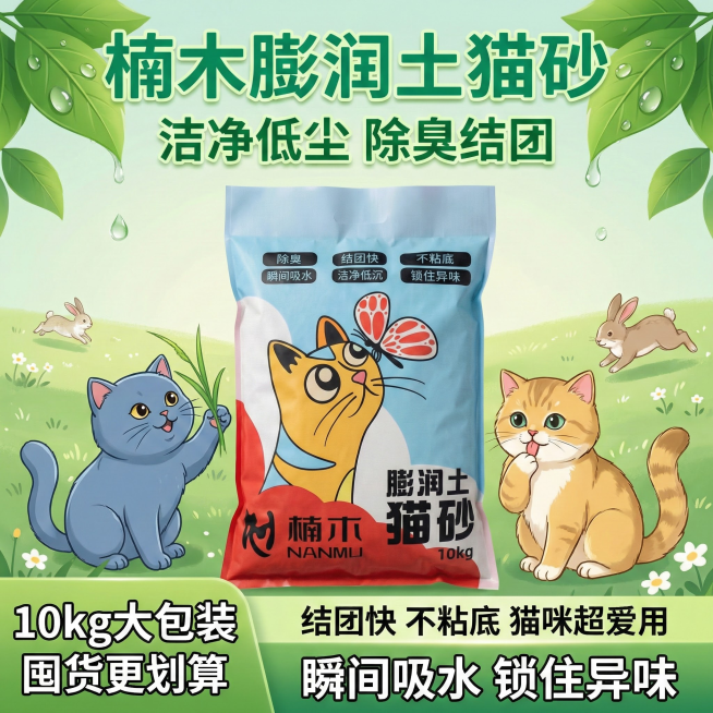 帮我做10张拼多多主图，卖点可写结团快不粘底 猫咪超爱用 10kg大包装 囤货更划算 膨润土猫砂瞬间吸水+锁住异味 楠木膨润土猫砂：结团快/不粘底/洁净低尘10kg大容量猫砂 除臭结团一步到位 和图二预览效果
