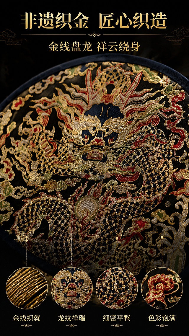 [第3屏] 细节工艺-织金龙纹微距质感展示。本屏使用【图1】作为商品主体，聚焦扇面龙纹织金工艺细节，保持图案、颜色与原图一致。
[氛围/风格] 极致工艺美学，微距摄影质感，奢华精致，东方匠心氛围。
[元素布局] 画面中央为团扇扇面局部放大特写，占比约70%，聚焦龙首与祥云纹样交界处；清晰展示织金丝线的金属光泽、经纬交织的肌理、龙鳞的层次感、红色祥云的色彩过渡；背景为深黑色虚化，周围点缀3-4个圆形小图标分别展示：金线材质、龙纹细节、包边工艺、织法纹理；每个小圆图配简短文字说明。
[光影质感] 侧光斜打突出织物质感，金色丝线有强烈高光反射，红色与绿色纹样色彩饱和，明暗对比强烈，凸显立体浮雕感。
[配色色系] 全局底色 #0D0D0D 纯黑；主色金色、朱红；辅助色藏青、墨绿。
[视角构图] 正面微距特写，居中构图，阅读动线中央主体 → 四周图标说明。
[文字版式] 顶部主标题「非遗织金 匠心织造」，副标题「金线盘龙 祥云绕身」，宋体字形，金色字居中；底部四个圆形图标横向排列，分别标注「金线织就」「龙纹祥瑞」「细密平整」「色彩饱满」；文字清晰不遮挡核心纹样。
[比例分辨率] 9:16 竖版比例，4K 分辨率，文字清晰可辨，高清画质。
[负向提示词] 龙纹图案变形，织金质感缺失，颜色偏差，水印，文字错乱，模糊不清，人脸出现。