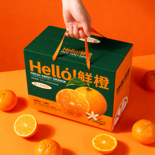 一只手提着参考图中的鲜橙手提瓦楞礼箱，保持包装物理结构绝对不变，文字清晰完整，严禁扭曲变形。整体为橙色同色系场景，顶视图拍摄角度，周围散落新鲜橘子和切开的果肉，时尚简约真实摄影风格，暖调自然光影，商业预览效果