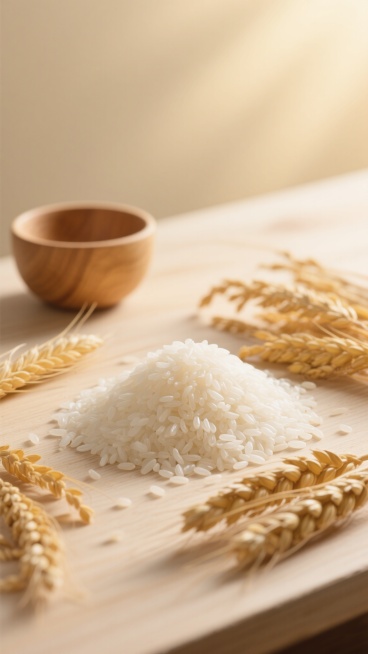 一张以大米为主题的食品摄影风格图片，画面中央是一小堆饱满洁白、颗粒分明的大米，米粒表面泛着自然的光泽，质感细腻真实。大米堆置于铺散着金黄色麦穗的浅色木质桌面上，麦穗呈现出成熟的暖黄色，穗芒清晰可见，部分麦穗自然垂落在桌面边缘。背景为柔和的米黄色渐变，光线从画面上方偏右位置轻柔洒下，形成明亮的高光区域，为大米和麦穗镀上一层温暖的光晕，阴影部分过渡自然柔和，整体营造出温馨、质朴、丰收的氛围。画面左……预览效果