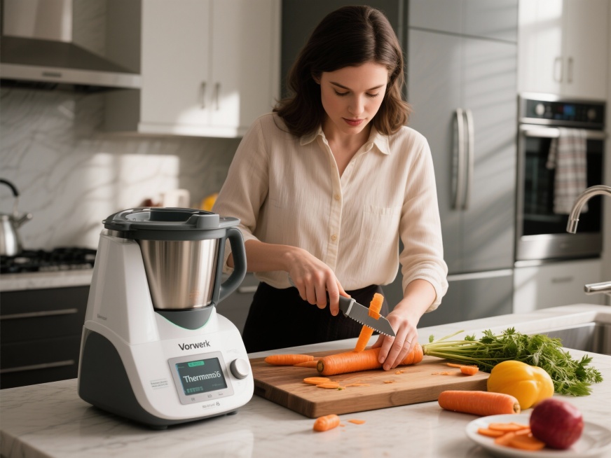 这款产品是适用于 Vorwerk Thermomix TM5 TM6 的刀片盖轴削皮器，销售到美国，语言是英语，生成两张使用场景图预览效果