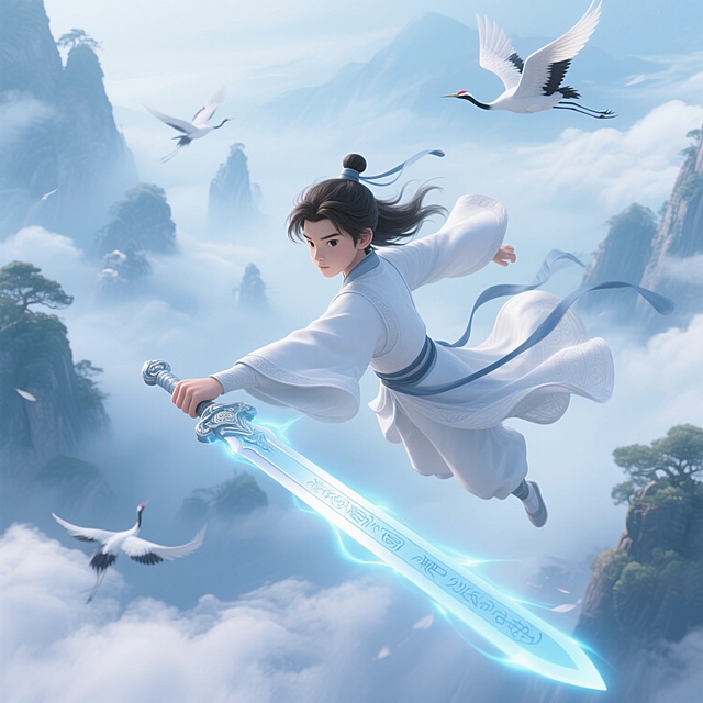 一个身穿白衣，御剑飞行的男孩