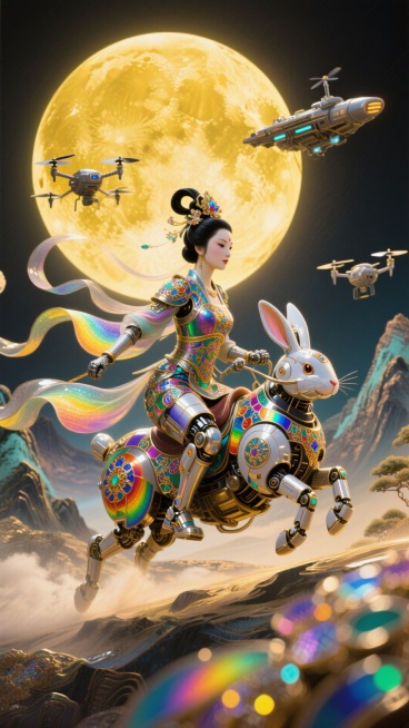国漫风格，嫦娥身穿国风机甲骑着机器兔奔向高中中巨大的圆月，姿势英飒。周围环绕着无人机和上升的飞船，背景山脉，黄色月光底色，非常规的动态构图预览效果