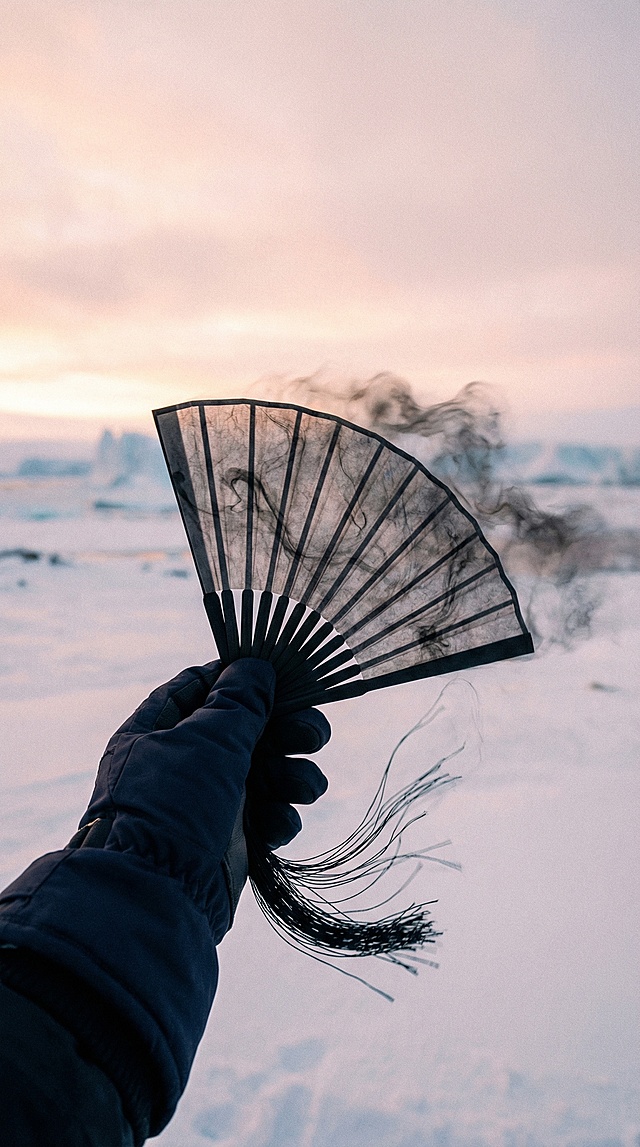 First-person POV, shot on 35mm anamorphic prime lens. A hand in a stiff, dark navy technical glove holds a "Ink-Wash Tassel Fan". The fan is crafted from impossibly thin, translucent black rice paper, adorned with cascading silk tassels that gently sway. Visual Cue: As the hand subtly flex动, a wisp of illusory ink mist drifts from the fan's edge, temporarily blurring the Antarctic snow behind it. Lighting: Soft, diffused, almost ethereal light of a polar dawn, emphasizing the delicate textures. Kodak 5219 film grain, 8k, extreme micro-focus on the intricate patterns of the rice paper and the fine silk fibers of the tassels.