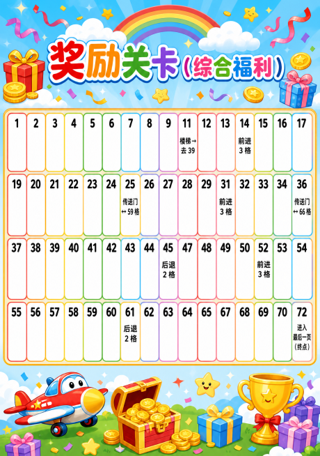 设计一张A3尺寸的飞行棋盘奖励关卡页，主题为"奖励关卡（综合福利）"，延续儿童益智桌游风格，色彩鲜艳活泼。棋盘为4行×18格，共72格，格子从左到右从上到下依次标注数字1到72。在对应格子里写入指令：预览效果