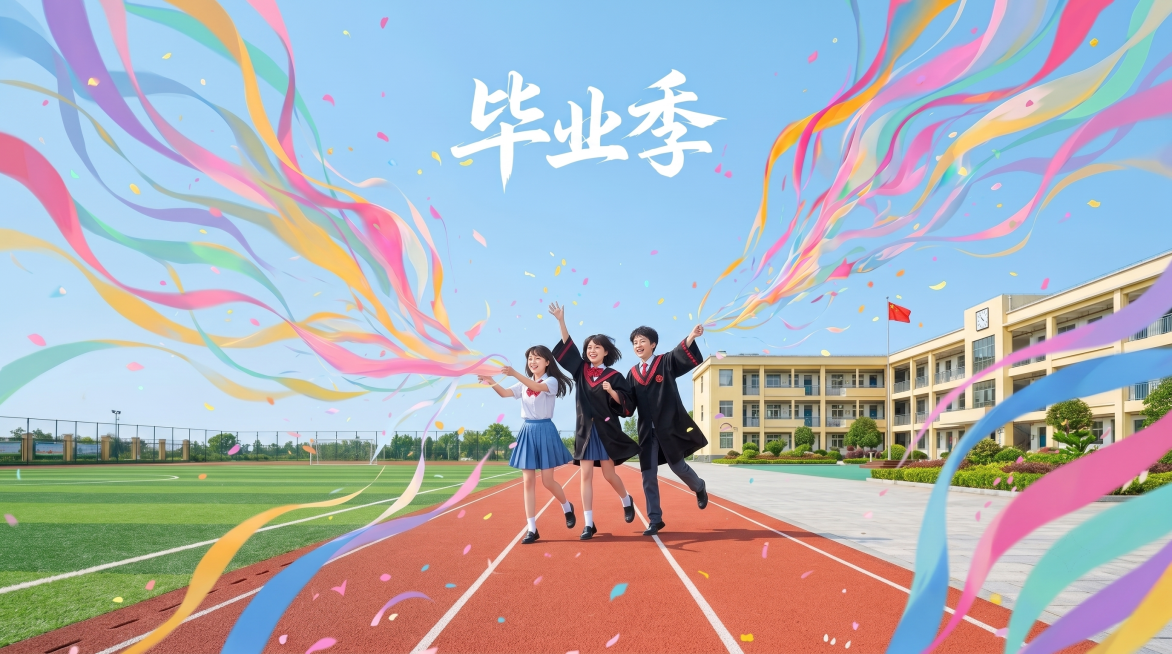 请帮我换个背景，不要漫画风的。海报的目的是为了庆祝小学生毕业。主色调用这个色号#9ec4f3预览效果