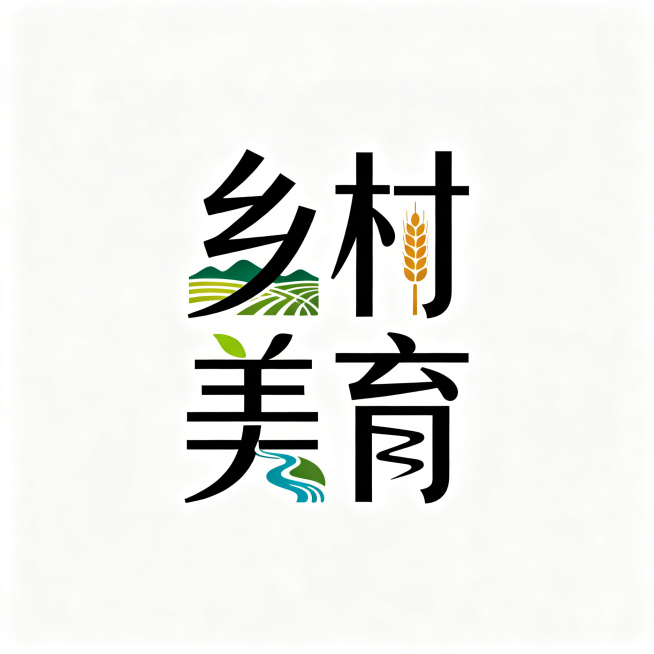 汉字标Logo设计，乡村美育四个字，将汉字进行图形化处理，融合自然乡村元素进行创意变形，笔画简化，保持文字可读性，采用现代简约与自然相结合的设计风格，具有艺术花样字体美感，矢量图，视觉和谐统一。预览效果