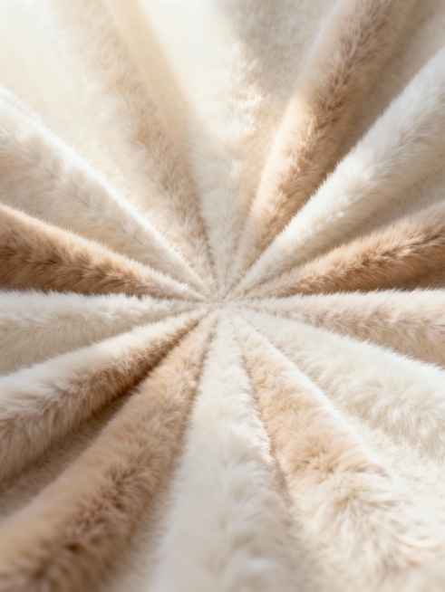 一张具有精致毛绒质感的海报设计，整体呈现出柔和而富有层次的放射状构图，从中心向四周均匀扩散的视觉引导线自然流畅。主色调采用温暖的米白色与浅棕色渐变，营造出温馨舒适的氛围，光线从放射状中心柔和地向外发散，形成细腻的高光与柔和的阴影过渡，凸显出毛绒材质的蓬松与柔软触感。画面核心区域的毛绒元素纹理清晰可见，每一根绒毛都呈现出自然的弯曲弧度，随着放射状结构有序排列，边缘部分的毛绒质感逐渐虚化，与背景形……预览效果