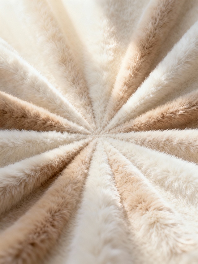 一张具有精致毛绒质感的海报设计，整体呈现出柔和而富有层次的放射状构图，从中心向四周均匀扩散的视觉引导线自然流畅。主色调采用温暖的米白色与浅棕色渐变，营造出温馨舒适的氛围，光线从放射状中心柔和地向外发散，形成细腻的高光与柔和的阴影过渡，凸显出毛绒材质的蓬松与柔软触感。画面核心区域的毛绒元素纹理清晰可见，每一根绒毛都呈现出自然的弯曲弧度，随着放射状结构有序排列，边缘部分的毛绒质感逐渐虚化，与背景形成和谐的景深效果。整体设计简洁大方，视觉层级明确，放射状构图引导观者视线聚焦中心，同时通过毛绒材质的温暖质感传递出亲切、舒适的情感，符合面向大众市场的温馨主题宣传需求，信息传达直观且富有吸引力。