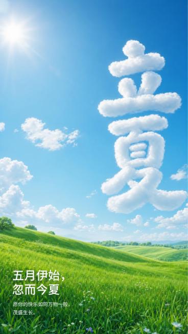 竖版立夏节气海报，创意云朵文字设计，天空中的白云组合成巨大可爱立体汉字"立夏"，字体圆润可爱，放置在海报右侧，真实云朵质感；背景是饱和度提升后的灰蓝色晴朗天空，有阳光和白云；海报下半部分绿色草坪占比更预览效果