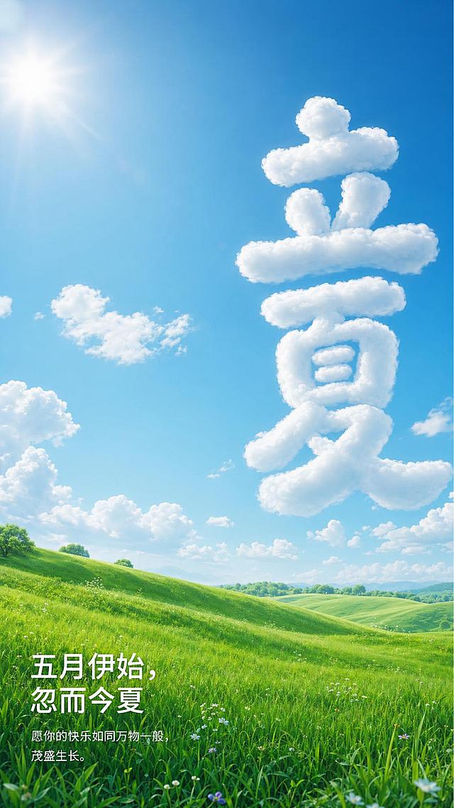 竖版立夏节气海报，创意云朵文字设计，天空中的白云组合成巨大可爱立体汉字"立夏"，字体圆润可爱，放置在海报右侧，真实云朵质感；背景是饱和度提升后的灰蓝色晴朗天空，有阳光和白云；海报下半部分绿色草坪占比更大，草坪层次起伏绿意盎然；整体极简干净清新通透，治愈高级氛围感，冷调清新配色；画面左下角："五月伊始，忽而今夏"分为两排，微软雅黑字体，下方小字"愿你的快乐如同万物一般，茂盛生长。"