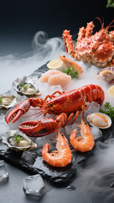 超写实美食摄影风格，俯视角特写构图，鲜活的波士顿龙虾、帝王蟹腿、新鲜生蚝、扇贝肉、大明虾等多种海鲜食材错落摆放于铺满冰块的黑色石板上，冰块表面蒸腾着大量白色烟雾营造出冷冽氛围，红色龙虾与橙色虾类形成鲜明色彩对比，生蚝壳内点缀翠绿香草，高对比度侧逆光勾勒出海鲜的细腻纹理与水珠光泽，背景为深色渐变增强主体层次感，整体画面展现海鲜的新鲜质感与高端食材的奢华视觉效果。预览效果