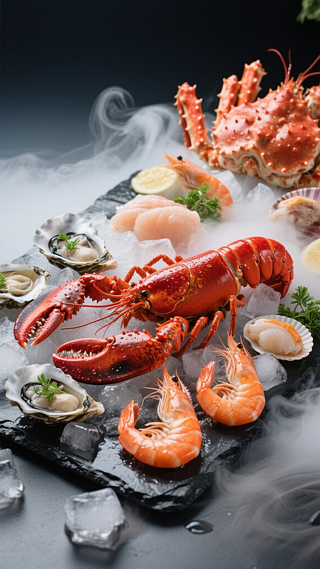 超写实美食摄影风格，俯视角特写构图，鲜活的波士顿龙虾、帝王蟹腿、新鲜生蚝、扇贝肉、大明虾等多种海鲜食材错落摆放于铺满冰块的黑色石板上，冰块表面蒸腾着大量白色烟雾营造出冷冽氛围，红色龙虾与橙色虾类形成鲜明色彩对比，生蚝壳内点缀翠绿香草，高对比度侧逆光勾勒出海鲜的细腻纹理与水珠光泽，背景为深色渐变增强主体层次感，整体画面展现海鲜的新鲜质感与高端食材的奢华视觉效果。