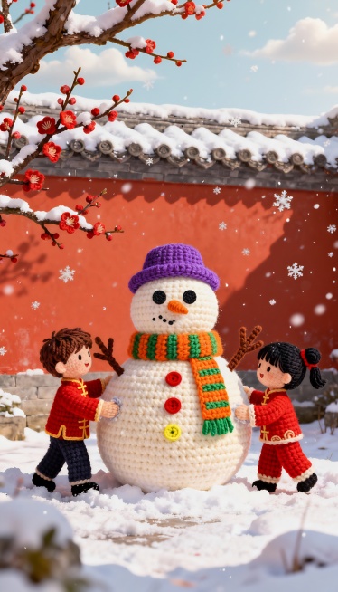 精致的钩针编织风格冬日场景，暖色调为主，阳光照耀下的温馨冬日，充满明媚温暖冬日氛围，毛绒质感艺术风格，朱墙灰瓦的院墙内，一枝红梅在院落一角开放，墙上树枝落满积雪，墙脚下穿着红色中式传统服装的小孩（一个预览效果