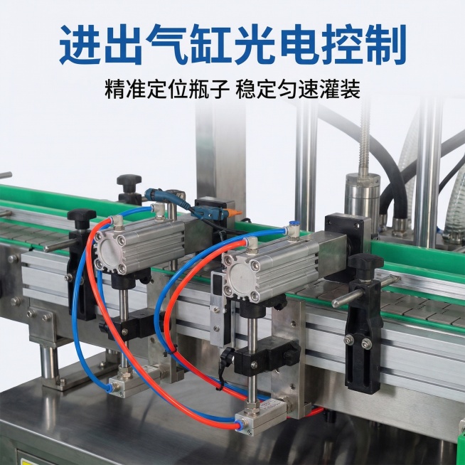 [主图 3] 齿轮泵罐装机核心控制部件展示，突出进出气缸光电控制系统。基于原产品图，放大展示传送机构与控制气缸部分，结合参考细节图，体现稳定灌装的技术优势。氛围：高清工业细节，硬核专业质感。画面元素：预览效果