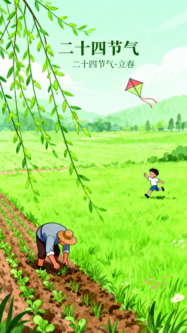做一张二十四节气立春海报，整体一手绘风格描绘春分时节的场景，色彩鲜明，色调以绿色为主预览效果