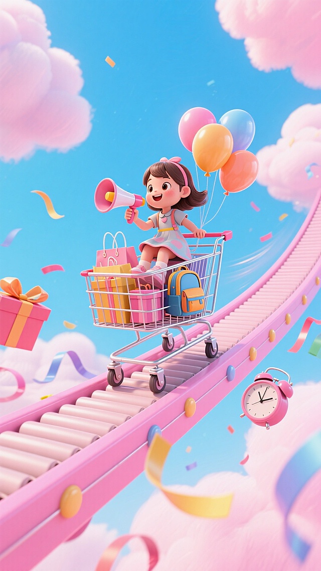 一条悬浮在空中的粉色传送带，上面有一个可爱的小女孩坐在一辆购物车顺着传送带冲，强动态感，手上拿着喇叭，车上系着气球，购物车里有购物袋、礼盒以及书包等儿童用具，周围点缀彩带、小闹钟等元素，粉色调天空云朵背景