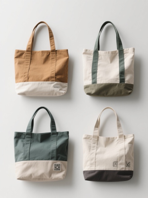 一组4个不同配色、不同样式、不同材质的帆布包元素，采用干净简约的设计风格，符合现实逻辑，适用于素材使用。每个帆布包都有清晰的结构和细节，包括手提带、包身和可能的装饰图案，整体呈现出平铺展示的效果，背景为浅灰色，光线柔和均匀，突出帆布包的质感和色彩，无任何文字、LOGO、二维码及多余信息干扰，每个包的配色独特，样式各异，材质纹理清晰可辨，适合作为设计素材直接使用。预览效果