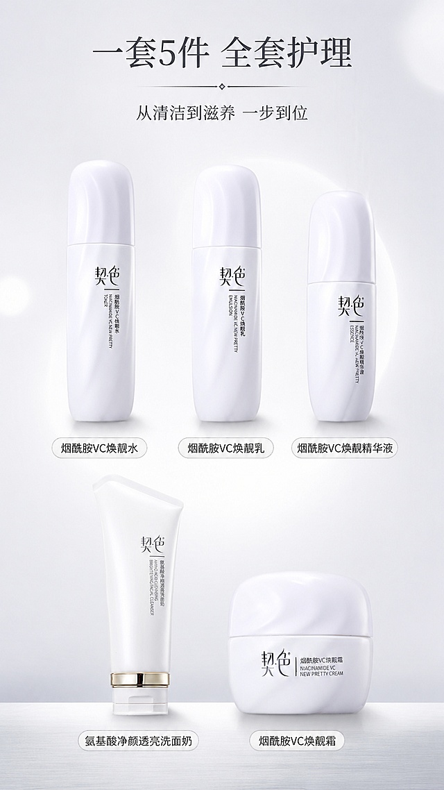 [第3屏] 单品矩阵展示页-5款单品逐一介绍。本屏使用【图2】焕靓霜、【图3】焕靓水、【图4】焕靓乳、【图5】精华液、【图6】洗面奶作为各单品主体。
[氛围/风格] 简约高级护肤风，浅灰白背景，干净整洁，产品陈列感，商业摄影质感。
[元素布局] 5款单品分上下两排错落排列：上排3款（水、乳、精华），下排2款（洁面、面霜）居中；每款产品下方配名称标签；产品瓶身结构、颜色、品牌文字与输入图完全一致；背景为浅灰白色渐变，带有细微的圆形光晕点缀；底部有浅灰色台面；产品间留有呼吸空间，不拥挤。
[光影质感] 顶部均匀柔光，每款产品底部有自然柔和投影，瓶身高光自然，整体明亮干净。
[配色色系] 全局底色 #F7F8FA 浅灰白；主色产品本身白色；辅助色浅灰、淡蓝；文字色深灰 #333。
[视角构图] 正面平视，网格矩阵式布局，阅读动线顶部标题 → 上排3款 → 下排2款。
[文字版式] 顶部居中主标题「一套5件 全套护理」大号字，副标题「从清洁到滋养 一步到位」小字；每款产品正下方配名称标签：「烟酰胺VC焕靓水」「烟酰胺VC焕靓乳」「烟酰胺VC焕靓精华液」「氨基酸净颜透亮洗面奶」「烟酰胺VC焕靓霜」，标签为圆角矩形浅底深字；文字清晰不遮挡产品。
[比例分辨率] 9:16 竖版比例，4K分辨率，文字清晰可辨，高清画质。
[负向提示词] 产品变形，缺件错件，瓶身文字错乱，颜色偏差，水印，文字过小，背景杂乱。