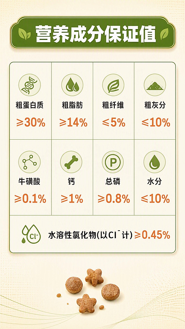 [第6张] 营养参数页-成分保证值分析表。本张使用【图2】作为内容参考，重新设计排版。
[氛围/风格] 专业严谨风，米白配绿色，数据表格清晰呈现，可信专业质感。
[元素布局] 画面顶部绿色标题栏，下方为营养成分保证值表格，分两行四列展示八项核心指标；表格单元格为米白色底，绿色边框；背景为浅米色渐变，带有细微圆点纹理；表格下方有装饰性的猫粮颗粒小图标；整体数据清晰易读。
[光影质感] 平面信息图风格，表格有轻微阴影，整体干净整洁。
[配色色系] 全局底色 #FFF8E1 浅米黄；主色深绿色表头；辅助色米白表格、橙色强调色；点缀色浅绿分隔线。
[视角构图] 居中表格布局，上下留白，阅读动线从上到下逐行阅读。
[文字版式] 顶部大标题「营养成分保证值」，圆润粗黑体；表格第一行四项：粗蛋白质≥30%、粗脂肪≥14%、粗纤维≤5%、粗灰分≤10%；表格第二行四项：牛磺酸≥0.1%、钙≥1%、总磷≥0.8%、水分≤10%；底部一行：水溶性氯化物(以Cl⁻计)≥0.45%；每项指标名称在上，数值在下，数值用橙色加粗突出；表格文字清晰，手机端可读。
[比例分辨率] 9:16 竖版比例，4K 分辨率，文字清晰可辨，高清画质。
[负向提示词] 文字错乱，文字过小，水印，表格变形，颜色偏差，背景杂乱。