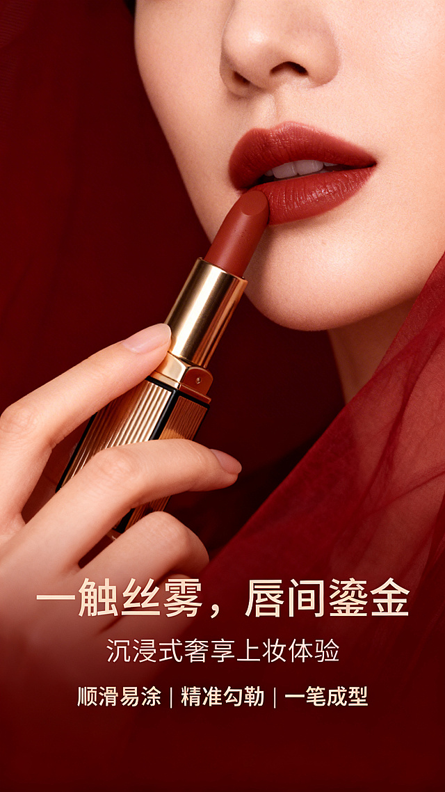 雅诗兰黛同源视觉 + 合规省积分，参考图同款口红，鎏金方管、黑边、银色中节，膏体带竖向肌理雕刻，全色号统一外观；同一位精致亚洲女模特（25-30 岁），面部、气质、妆容全程统一；整体风格：绒雾暖棕奢享风，柔焦电影光影，高级丝绒质感，1K 分辨率，天猫高端美妆海报。竖版特写海报，模特纤手轻持口红，膏体轻触唇瓣的动态瞬间，唇周肌肤细腻，背景极简酒红柔纱，仪式感拉满。主标题："一触丝雾，唇间鎏金"，副标题："沉浸式奢享上妆体验"，核心卖点："顺滑易涂｜精准勾勒｜一笔成型"。负面词：cluttered, busy, dark, messy room, shadows, watermark, low quality, blurry, plain face