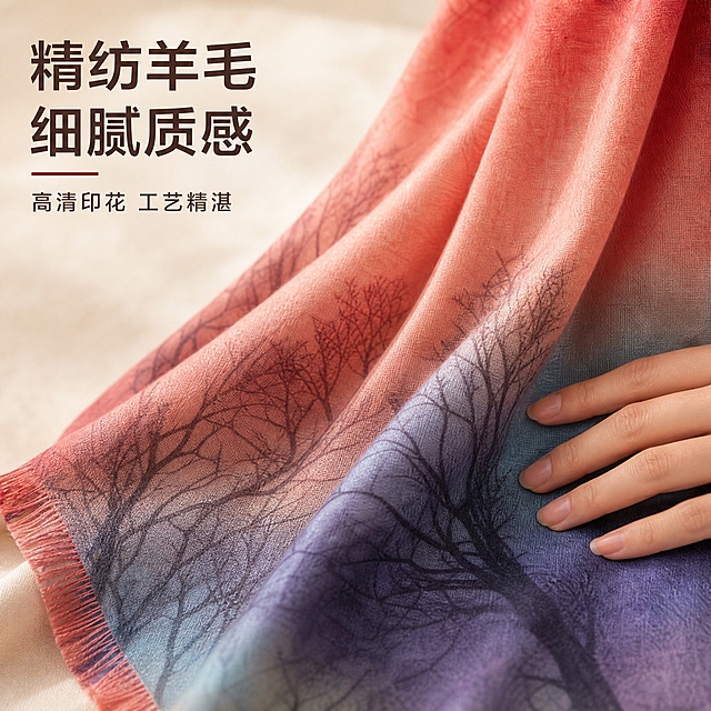 [主图-4] 精纺羊毛印花围巾材质细节特写，突出精纺羊毛质感和印花工艺。
[统一基调] 1688 B端源头工厂风格，高级质感，柔和时尚摄影光，浅米色肌理背景，整体色调温暖高级，文字简洁有力，突出源头厂家专业感。
[画面] 围巾局部特写，展示精纺羊毛材质的细腻纹理和高清印花工艺。画面聚焦在红橙渐变过渡区域和树林剪影印花细节处，羊毛纤维细腻有光泽，印花边缘清晰不模糊，渐变色过渡自然柔和。围巾边缘的短流苏做工整齐，面料柔软有垂坠感。可以搭配模特手部轻轻触摸围巾面料的动作，展示面料的柔软触感。背景虚化，突出围巾材质细节。
[光影质感] 柔和侧逆光，突出羊毛面料的肌理质感和细微纤维，印花色彩饱和度高，层次丰富，材质真实可触。
[配色] 背景浅米色暖调虚化，围巾红橙蓝紫渐变印花，文字深棕色+暗红色强调色。
[文字版式] 左上角放置主标题「精纺羊毛 细腻质感」，副标题「高清印花 工艺精湛」。字体为简洁无衬线粗体，标题字号大，辅助文字缩小50%以上，文字放在负空间不遮挡主体细节。
[输出要求] 1:1正方形比例，产品细节清晰，材质纹理可见，文字清晰，无变形，无错字，无水印，无平台Logo，无杂乱背景。