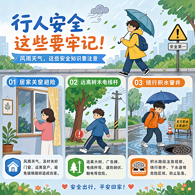 扁平化手绘插画，行人安全科普场景，包含居家关窗避险、远离树木电线杆、绕行积水窨井的内容，清新画风，整体构图清晰明亮，色彩清新柔和