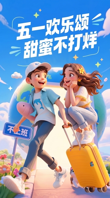保留原图的3D卡通风格、人物场景和整体构图，精准将顶部标题文案修改为"五一欢乐颂，甜蜜不打烊"，保持文字风格与原图一致，配色和排版协调自然，高清晰度，高饱和度预览效果
