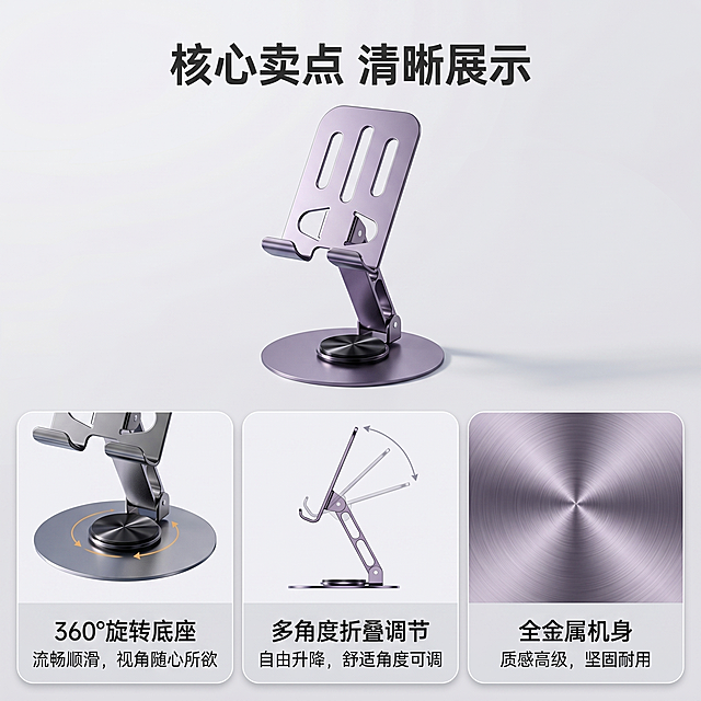 [主图 2] 手机支架核心亮点多参数展示主图。[氛围风格] 科技简约高级商务展示风格，C4D超写实渲染。[画质] 商业摄影质感、光线柔和通透、产品清晰真实、画面干净高级。[元素] 手机支架主体放置在画面上半部分，保持产品外观结构、材质质感、颜色与输入产品图完全一致，无变形色差。画面下半部分采用Bento栅格风格，分三个圆角卡片区域，分别展示三大核心卖点：卡片1对应“360°旋转底座”配旋转结构示意图；卡片2对应“多角度折叠调节”配折叠角度示意图；卡片3对应“全金属机身”配金属拉丝微距细节图。每个卡片配短标题和说明文字，排版整齐有序，信息层级分明。商品整体占比合理，主体突出，画面满屏无边框。[光影] 均匀冷调棚拍光影，金属高光清晰，暗部细节保留，整体通透高级。[配色] 浅灰背景，卡片浅灰底深色字，保持整体干净低饱和配色。[视角构图] 主体平视居中，栅格分区构图，信息分布均匀。[文字版式] 顶部主标题“核心卖点 清晰展示”，每个卡片内标题加粗说明小字，文字与背景强对比，不遮挡主体。[比例分辨率] 1:1比例，2k分辨率；文字清晰可辨，超高清。[负向提示词] 变形，水印，文字错乱，产品图模糊，背景杂乱，遮挡主体，信息排版混乱