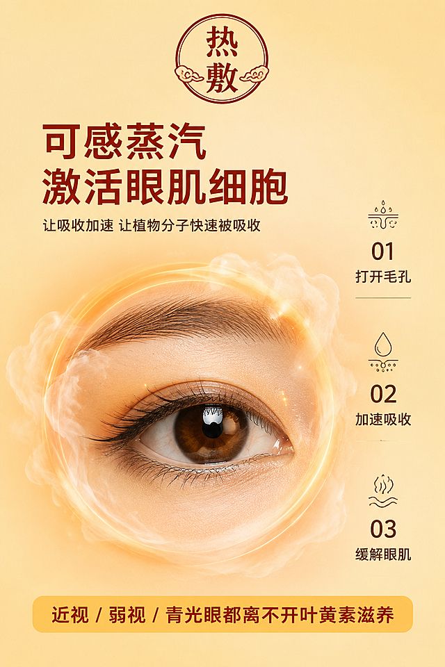 第 7 屏 蒸汽热敷原理可视化
严格还原上传产品参考图，精准复刻包装设计、产品配色、LOGO 位置及比例、文字内容及字体、图案元素及细节，无任何偏差，色彩无失真
产品与画面中其他物体（道具、手持模型、场景元素等）的比例遵循真实物理空间逻辑，视觉协调，比例还原 1:1，杜绝比例失衡、视觉突兀
画面比例为 2:3 竖版
主标题：可感蒸汽
副标题：激活眼肌细胞
信息布局：画面顶部居中放置中式圆形印章标题，内写 “热敷” 二字；主标题位于圆形标题下方左侧左对齐，朱红色加粗大字；副标题下方配小字 “让吸收加速 让植物分子快速被吸收”；画面中心为一只人眼特写，外围环绕半透明暖橙色蒸汽光晕；右侧纵向排列 “01 打开毛孔、02 加速吸收、03 缓解眼肌” 三条功效；画面底部有黄底红字标签 “近视 / 弱视 / 青光眼都离不开叶黄素滋养”
排版形式：上标题 + 中核心可视化图 + 底部标签的居中排版，视觉焦点集中在眼部热敷效果
设计细节：中式草本养生风格，背景暖浅黄色渐变；柔和漫射光，眼部细节清晰，蒸汽光晕半透明渐变自然；功效文字为深棕色简约无衬线字体；光晕暖橙色通透有温度感；画面高清 300dpi