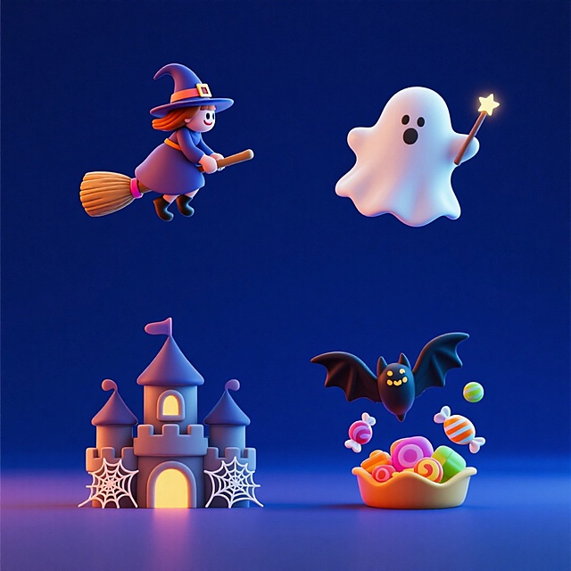 4个万圣节素材组合包括：第一个：女巫骑着扫帚；第二个：可爱幽灵拿着魔法棒；第三个：布满蜘蛛网的城堡；第四个：蝙蝠飞过糖果堆。深蓝色背景，上下两行，排列整齐