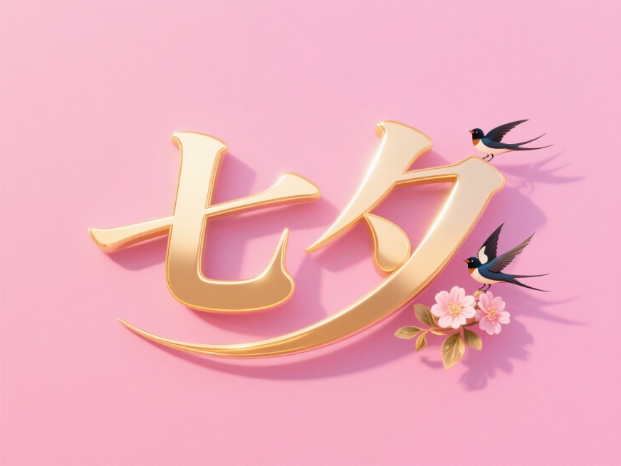 横向金色文字"七夕"。创意字体设计点缀两只喜鹊、花朵元素，线条流畅，高级感，粉色背景，高纯度配色。预览效果